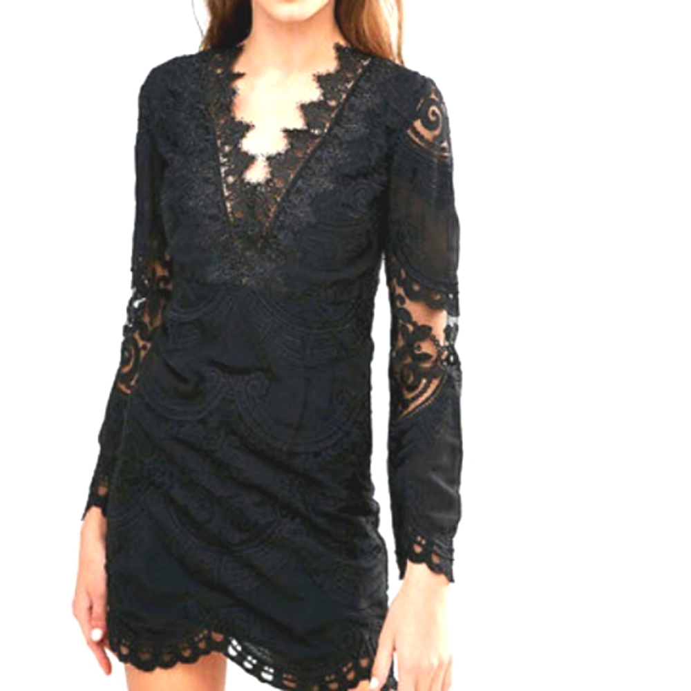 Foxidox black lace long sleeve mini dress